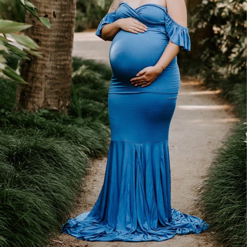 Elegant Blue Off-Shoulder Maternity Gown